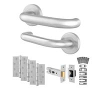 Afit Stainless Steel Door Handles Latch And Hinge Kit For Fire Doors, 19mm Return To Door Lever On Rose, Satin Finish