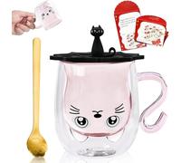 Afitdon Cute Cat Mug Double Walled Cute Cat Motifs Cups with Blessing Card, Spoon & Cup Lid, Gift for Cat Lovers 280 ml for Cappuccino, Latte Macchiato, Tea (Rose)