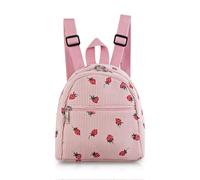 AfitLulu Corduroy Backpack Womens with Strawberry Print, Corduroy Mini Backpack Portable Cute Backpacks for Women and Girls, Small Backpack with Adjustable Strap (Pink)
