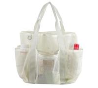 AfitLulu Large Mesh Beach Bag for Women and Men, Lightweight Beach Hollow Mesh Bags with Snap and Removable Hook, 8 Pockets Sandproof Mesh Handbag for Beach Shopping Swimming (White)