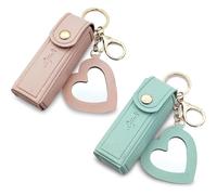 AfitLulu Lipstick Case Keychain，2pcs PU Leather Lipstick Purse With Small Mirror, Portable Lipstick Holder for Purse, Travel Chapstick Holder Key Chain Pendant for Women (pink+blue)
