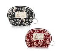 AfitLulu Small Purse Women's Floral Pattern Mini Wallet Semicircular Coin Bag with Key Ring, Canvas Small Purse Mini Purse Coin Purse with 1 Zip Pocket, Red and black, 9x 8.5 x 2 cm/3.54 x 3.34 x 0.78