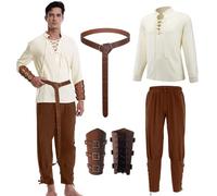 AFJIODUV 4 Pcs Medieval Costume Men V-Neck Shirts Pants Set, Renaissance Viking Costume Men with Arm Guards/Knight Belt, Men's Pirate Shirt for Carnival, Cosplay Parties (Brown, L)