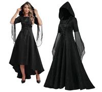 AFJIODUV Medieval Costume Women, Gothic Vintage Witch Dress with Flare Sleeves, Victorian Costume Women Renaissance Hooded Long Dress for Cosplay Party Carnival Halloween (Black, 3XL)