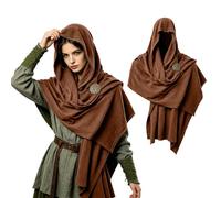 AFJIODUV Medieval Hooded Scarf Cowl with Brooch Viking Shawl Accessory | Unisex Renaissance Hooded Shawl Post Apocalyptic Viking Scarf Cowl for Halloween Carnival Cosplay