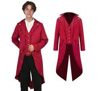 AFJIODUV Steampunk Vintage Jacket Medieval Costume Men, Gothic Vintage Mens Victorian Costume, Steampunk Tailcoat Jacket for Halloween Renaissance Cosplay Party (Red, M)