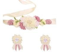 Afkengung Maternity Sash Set for The Mommy and Daddy-to-be, with Corsage Pin Flowers as Baby Shower Souvenirs.Perfect for Gender Reveal Decorations and Pregnancy Photography Props (Creamy White)
