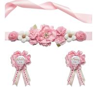 Afkengung Pink Maternity Sash Set Daddy and Mommy to be Corsage Pin Flowers Baby Shower Souvenir Sash Supplies Gender Reveal Decorations Pregnancy Photography Props(Pink)