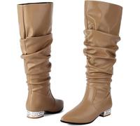 Aflngle Women's Sexy Pointed Toe Knee High Boots Denim Slouchy Low Block Heels Flats Thigh High Boots Fashion Pleated Wide Calf Tall Booties (Almond,5)