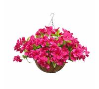 Aflorshope Realistic Artificial Hanging Azalea Flower Basket, Home Office Hanging Silk Flower Baskets Garden Patio Porch for Decoration 12 Inches Basket (Rose Red)