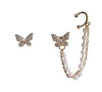 Aflytep Asymmetric Butterfly Pearl Chain Ear Stud Earrings for Women Jewelry Accessories