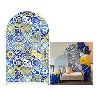 afoloa Mediterranean Positano Tiles Arch Backdrop Covers for Parties Chiara Arched Stand Stretchy Fabric Cover Porcelain Party Decor Props(4x7.2ft)