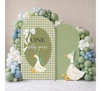 Afoloa Set of 2 Arch Backdrop Cover One Silly Goose Baby Shower Decors Spandex 2PCS Stretchy Plaids Bow Arch Covers Birthday Party Banquet Props (7.2ft & 6ft,Green)