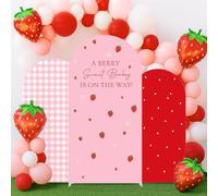 Afoloa Set of 3 Arch Backdrop Cover Strawberry Pink Plaids Spandex Arch Covers for Girls Berry 1st Birthday Party Baby Shower Gender Reveal Decors (6FT 6.6FT 7.2FT,888)