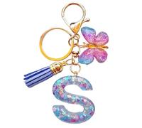 Afoxon Cute Initial Letter Keychains for Women Girls Tassel Butterfly Pink Purple Green Keychain for Backpack School Bag (S-purple)