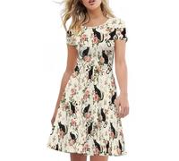 AFPANQZ Womens Casual Summer Lightweight Vintage Dress Short Sleeve Midi Dress Knee-Long Luxury Formal Dress, Cat and Floral, L