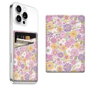 AFPRNK Phone Card Holder, Dual Pocket Leather Wallet Adhesive Stick On, Cute Credit Card Holder for Smartphones Case Compatible with Most Phone（Blooming flowers）