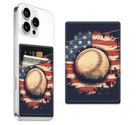 AFPRNK Phone Card Holder, Dual Pocket Leather Wallet Adhesive Stick On, Cute Credit Card Holder for Smartphones Case Compatible with Most Phone(American flag baseball)