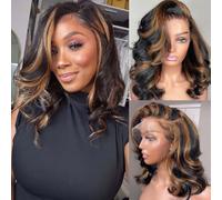 Afribye 13 x 6 FB/30 Ombre Frontal Wigs Human Hair Pre Plucked Highlight Body Wave Lace Front Wig Human Hair 200% Density Short Wigs for Black Women Glueless Balayage HD Lace Wig Loose Wavy 30.5 cm