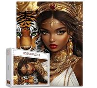 Africa Black Girl 1000 Piece Jigsaw Puzzles for Adult African Queen with Gloden Jewelry Painting Jigsaw Puzzle Lion and Afro Female 1000 Pieces Puzzles Game Scandinavia Wall Decor DIY Craft Puzzle Art