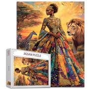 Africa Black Girl Painting 1000 Piece Jigsaw Puzzles for Adults Jigsaw Puzzle Queen Ornate Gown Animal Tiger Puzzles Game Afro-America Woman Decor DIY Craft Room Decor Wildlife Puzzle Art Gift