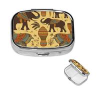 Africa Elephant Pill Box 2 Compartment Square Portable Pill Case for Pocket or Purse Small Weekly Medicine Planner Travel Pillbox with Mirror Decorative Metal Vitamin Holder Gifts