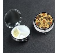 Africa Elephant Pill Box 3 Compartment Round Portable Pill Case for Pocket or Purse Small Weekly Medicine Planner Travel Pillbox with Mirror Decorative Metal Vitamin Holder Gifts