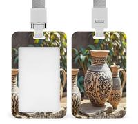 Africa Ethnic Pottery Badge Holder Waterproof Plastic ID Card Badge Holders with Lanyard Vertical Card Case Protector Pouch Clear Window Work Badges for Women Men