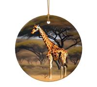 Africa Giraffe Majestic Tree Print Ceramic Round Pendant - Double-Sided Print Festive Decor for Home/Mall,Holiday Keepsake
