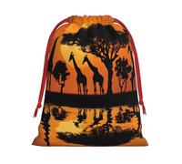 Africa Giraffe Majestic Tree -Print Drawstring Gifts Bags M Size - Soft Flannel Fabric Reusable For Wedding Party Favors Gifts Packaging