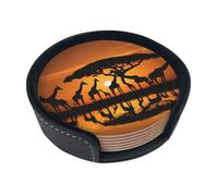 Africa Giraffe Majestic Tree Round Leather Coasters (6 Pieces) - Drink Coaster Set For Desk, Modern Easy To Clean Home Office & Farmhouse Coasters