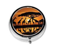 (Africa Giraffe Majestic Tree) Round Pill Box with 3 Compartments Small Portable Pill Organizer for Travel