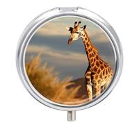 Africa Giraffe Pill Box 3 Compartment Travel Pill Organizer 3 Times A Day Cute Mini Pill Case for Purse & Pocket Portable Metal Medicine Box with Mirror Round Daily Medicine Vitamin Container