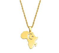 Africa Map & Islamic Symbols Moon Stars Pendant Neckalces Women Men Stainless Steel Material Islam Muslim Jewelry(Gold Color,60cm)