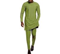 Africa Suit for Men, African Men's Outfit, Long Sleeve Dashiki with Gold Print and Trousers, Traditional Suit, 2 Piece Set, Islamic Costume Kaftan Dubai Arab Kaftan Clothing, Green4, XL