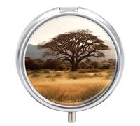 Africa Tree Pill Box 3 Compartment Small, Personalized Pill Organizer with Mirror, Portable Pill Case for Pocket Or Purse, Round Pill Containe Travel Gifts, Pill Holder