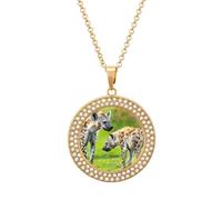 Africa Two Spotted Hyenas Pendant Necklace Round Diamond Necklace Golden-Color Jewelry Charms for Women