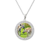Africa Two Spotted Hyenas Pendant Necklace Round Diamond Necklace Silver-Color Jewelry Charms for Women