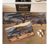 African Acacia Grassland Kitchen Mat Sets Non Slip Washable, 2 Pcs Kitchen Rugs And Mats, Retro Botanical Landscape Anti Fatigue Rug Floor Sets For Office Standing Desk, Brown, 43X75Cm+43X150Cm