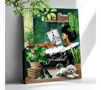 African American Bathroom Decor Wall Art Green Botanical Black Girl In Bathtub Pictures Canvas Wall Decor Fashion Modern Black Woman Framed Artwork For Bathroom 12"x16"