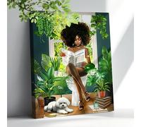African American Bathroom Decor Wall Art Green Botanical Black Girl Pictures Canvas Wall Decor Fashion Modern Black Woman Framed Artwork For Bathroom Bedroom 12"x16"