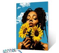 African American DIY Paint by Numbers for Adults Beginner Kids Beauty Girl Sunflowers Oil Painting Kit on Canvas with Brushes Acrylic Pigment Arts Craft Home Decor Gift 16x20 Inch （DIY Frame ）