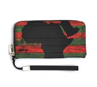 African American Flag Afro Map Wood Leather Wallet Fashion Purse Long Pouch with Wrist Strap for Men Women