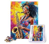 African American Puzzles for Adults 500 Pieces Colorful Afro Music Girl Jigsaw Puzzles Black Woman Playing Saxophone Wooden Puzzle for Fun Family Game Motivational Toy Educational Intellectual