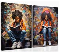 African American Reading Canvas Wall Art Set of 2 Black Girl Books Inspiring Poster Wall Decor Black Boy Pictures Print Painting for Teenager Living Room Study Reading Room Bedroom 12x16in Framed