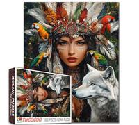 African American Woman and Wolf Jigsaw Puzzle 1000 Pieces for Adults, Colorful Jungle Animals Vibrant Rainforest 20''X27''Inch Beautiful Indian Tribe Puzzles Art Colorful Native American Artwork