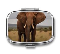 African Animal Elephant Pill Box 2 Compartment, Portable Pill Case with Mirror for Pocket Purse Travel, Mini Metal Medicine Organizer for Vitamins Fish Oil