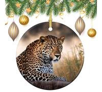 African Animal Leopard Ceramic Christmas Ornaments 3 Inch Vintage Hanging Baubles with Gold String for Xmas Tree Decorations Holiday Party Yard Garden Home Decor Festive Keepsake Gift Exchange