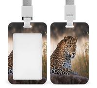 African Animal Leopard ID Badge Holder Waterproof Card Protector Push-Pull Slot Work ID Card Holder with Lanyard Personalized Detachable Card Holders for Office Corporate Use