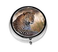 African Animal Leopard Pill Box Metal Round Small Pill Case Cute 3 Compartment Pill Organizer Portable Travel Pillbox Mini Pill Container Holder for Daily Medicine Supplement Vitamin